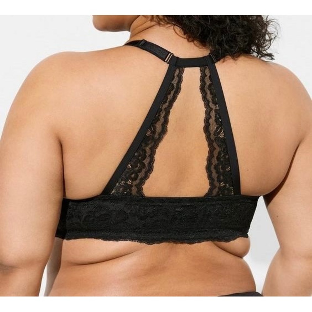 Torrid Bra Women's 38DD Curve XO Plunge Black Lace Back Front-Closure Push-Up